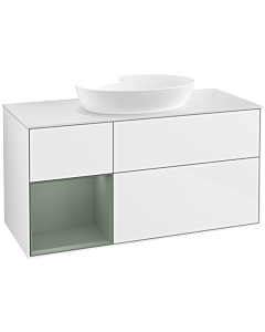 Villeroy und Boch Finion Villeroy und Boch FA61GMGF 120cm, plaque de recouvrement blanc mat, étagères laqué olive mat, laqué blanc brillant