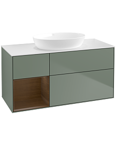 Villeroy und Boch Finion FA61GNGM 120cm, plaque de recouvrement blanc mat, étagères Walnut Veneer , Olive Matt Lacquer
