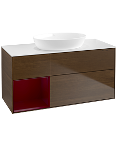 Villeroy und Boch Finion Waschtischunterschrank FA61HBGN 120cm, Abdeckplatte white matt, Regale Peony matt lacquer, Walnut veneer