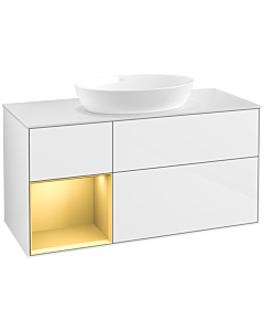 Villeroy und Boch Finion Villeroy und Boch FA61HFGF 120cm, plaque de recouvrement blanc mat, étagères laqué or mat, laqué blanc brillant
