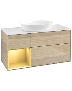 Villeroy und Boch Finion Waschtischunterschrank FA61HFPC 120cm, Abdeckplatte white matt, Regale Gold matt lacquer, Oak Veneer
