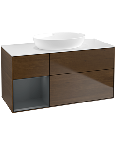 Villeroy und Boch Finion Waschtischunterschrank FA61HGGN 120cm, Abdeckplatte white matt, Regale Midnight matt lacquer, Walnut veneer