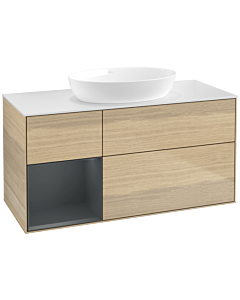 Villeroy und Boch Finion Waschtischunterschrank FA61HGPC 120cm, Abdeckplatte white matt, Regale Midnight matt lacquer, Oak Veneer