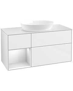 Villeroy und Boch Finion Villeroy und Boch FA61MTGF 120cm, plaque de recouvrement blanc mat, étagères laqué blanc mat, laqué blanc brillant