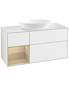 Villeroy und Boch Finion Waschtischunterschrank FA61PCGF 120cm, Abdeckplatte white matt, Regale Oak Veneer, Glossy white lacquer