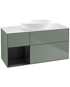 Villeroy und Boch Finion Villeroy und Boch FA61PDGM 120cm, plaque de recouvrement blanc mat, étagères laqué noir mat, Olive Matt Lacquer