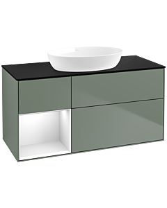 Villeroy und Boch Finion Waschtischunterschrank FA62GFGM 120cm, Abdeckplatte black matt, Regale Glossy white lacquer, Olive Matt Lacquer