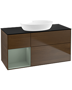 Villeroy und Boch Finion Waschtischunterschrank FA62GMGN 120cm, Abdeckplatte black matt, Regale Olive matt lacquer, Walnut veneer