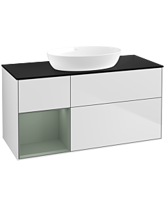 Villeroy und Boch Finion Waschtischunterschrank FA62GMMT 120cm, Abdeckplatte black matt, Regale Olive matt lacquer, White matt lacquer