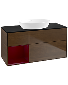 Villeroy und Boch Finion Waschtischunterschrank FA62HBGN 120cm, Abdeckplatte black matt, Regale Peony matt lacquer, Walnut veneer