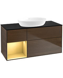 Villeroy und Boch Finion Waschtischunterschrank FA62HFGN 120cm, Abdeckplatte black matt, Regale Gold matt lacquer, Walnut veneer