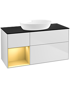 Villeroy und Boch Finion Villeroy und Boch FA62HFMT 120cm, plaque de recouvrement noir mat, étagères laqué or mat, laqué blanc mat