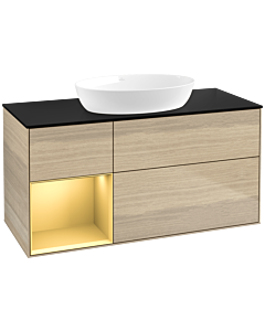 Villeroy und Boch Finion Waschtischunterschrank FA62HFPC 120cm, Abdeckplatte black matt, Regale Gold matt lacquer, Oak Veneer