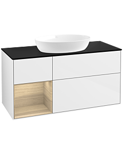 Villeroy und Boch Finion Waschtischunterschrank FA62PCGF 120cm, Abdeckplatte black matt, Regale Oak Veneer, Glossy white lacquer