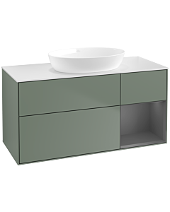 Villeroy und Boch Finion Waschtischunterschrank FA71GKGM 120cm, Abdeckplatte white matt, Regale Anthracite matt lacquer, Olive Matt Lacquer