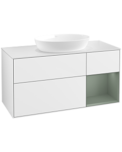 Villeroy und Boch Finion Waschtischunterschrank FA71GMGF 120cm, Abdeckplatte white matt, Regale Olive matt lacquer, Glossy white lacquer