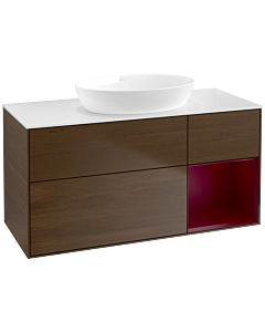 Villeroy und Boch Finion Waschtischunterschrank FA71HBGN 120cm, Abdeckplatte white matt, Regale Peony matt lacquer, Walnut veneer