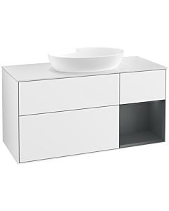 Villeroy und Boch Finion Waschtischunterschrank FA71HGGF 120cm, Abdeckplatte white matt, Regale Midnight matt lacquer, Glossy white lacquer