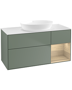 Villeroy und Boch Finion Waschtischunterschrank FA71PCGM 120cm, Abdeckplatte white matt, Regale Oak Veneer, Olive Matt Lacquer