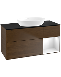 Villeroy und Boch Finion Villeroy und Boch FA72GFGN 120cm, plaque de recouvrement noir mat, étagères laqué blanc brillant, placage noyer