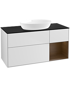 Villeroy und Boch Finion Waschtischunterschrank FA72GNMT 120cm, Abdeckplatte black matt, Regale Walnut Veneer, White matt lacquer