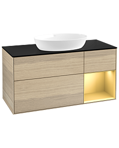 Villeroy und Boch Finion Waschtischunterschrank FA72HFPC 120cm, Abdeckplatte black matt, Regale Gold matt lacquer, Oak Veneer