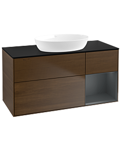 Villeroy und Boch Finion Waschtischunterschrank FA72HGGN 120cm, Abdeckplatte black matt, Regale Midnight matt lacquer, Walnut veneer