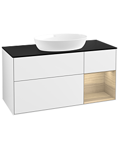 Villeroy und Boch Finion FA72PCGF 120cm, plaque de finition noire mate, étagères Oak Veneer , laqué blanc brillant
