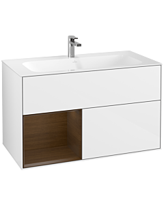 Villeroy und Boch Finion Waschtischunterschrank G030GNGF 99,6x59,1cm, Wandbeleuchtung, Regal links Walnut veneer, Glossy white lacquer