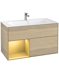 Villeroy und Boch Finion Waschtischunterschrank G030HFPC 99,6x59,1cm, Wandbeleuchtung, Regal links Gold matt, Oak Veneer