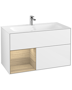 Villeroy und Boch Finion Waschtischunterschrank G030PCGF 99,6x59,1cm, Wandbeleuchtung, Regal links Oak Veneer, Glossy white lacquer