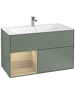 Villeroy und Boch Finion Waschtischunterschrank G030PCGM 99,6x59,1cm, Wandbeleuchtung, Regal links Oak Veneer, Olive Matt Lacquer