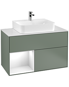 Villeroy und Boch Finion Waschtischunterschrank G111GFGM 100cm, Abdeckplatte white matt, Emotion, Regal links Glossy white lacquer, Olive Matt Lacquer