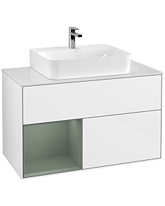 Villeroy und Boch Finion Waschtischunterschrank G111GMGF 100cm, Abdeckplatte white matt, Emotion, Regal links Olive Matt Lacquer, Glossy white lacquer