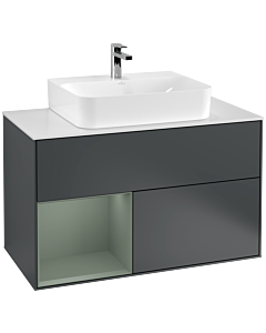 Villeroy und Boch Finion Waschtischunterschrank G111GMHG 100cm, Abdeckplatte white matt, Emotion, Regal links Olive Matt Lacquer, Midnight Blue Matt Lacquer