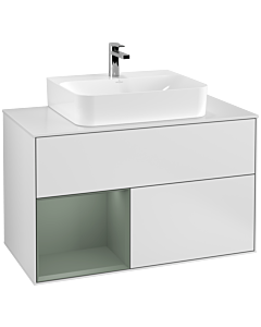 Villeroy und Boch Finion Waschtischunterschrank G111GMMT 100cm, Abdeckplatte white matt, Emotion, Regal links Olive Matt Lacquer, White matt lacquer
