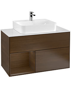 Villeroy und Boch Finion Waschtischunterschrank G111GNGN 100cm, Abdeckplatte white matt, Emotion, Regal links Walnut veneer, Walnut veneer
