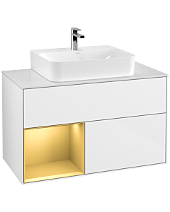 Villeroy und Boch Finion Villeroy und Boch G111HFGF 100cm, plaque de recouvrement blanc mat, Emotion, étagère gauche or mat, laqué blanc brillant