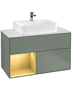 Villeroy und Boch Finion Waschtischunterschrank G111HFGM 100cm, Abdeckplatte white matt, Emotion, Regal links Gold matt, Olive Matt Lacquer