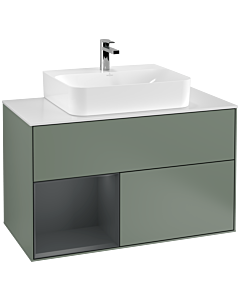 Villeroy und Boch Finion Waschtischunterschrank G111HGGM 100cm, Abdeckplatte white matt, Emotion, Regal links Midnight Blue Matt Lacquer, Olive Matt Lacquer