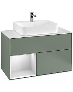 Villeroy und Boch Finion Waschtischunterschrank G111MTGM 100cm, Abdeckplatte white matt, Emotion, Regal links White matt lacquer, Olive Matt Lacquer