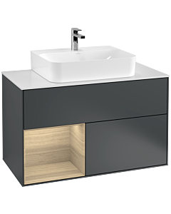 Villeroy und Boch Finion Waschtischunterschrank G111PCHG 100cm, Abdeckplatte white matt, Emotion, Regal links Oak Veneer, Midnight Blue Matt Lacquer