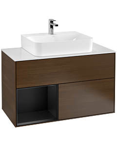 Villeroy und Boch Finion Villeroy und Boch G111PDGN 100cm, plaque de recouvrement blanc mat, Emotion, étagère gauche laqué noir mat, placage noyer