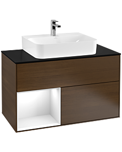 Villeroy und Boch Finion Waschtischunterschrank G112GFGN 100cm, Abdeckplatte black matt, Emotion, Regal links Glossy white lacquer, Walnut veneer