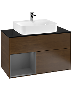 Villeroy und Boch Finion Waschtischunterschrank G112GKGN 100cm, Abdeckplatte black matt, Emotion, Regal links Anthracite matt, Walnut veneer