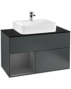 Villeroy und Boch Finion Waschtischunterschrank G112GKHG 100cm, Abdeckplatte black matt, Emotion, Regal links Anthracite matt, Midnight Blue Matt Lacquer