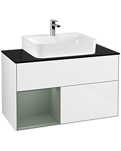 Villeroy und Boch Finion Waschtischunterschrank G112GMGF 100cm, Abdeckplatte black matt, Emotion, Regal links Olive Matt Lacquer, Glossy white lacquer