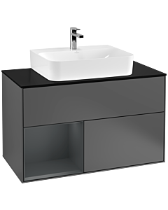 Villeroy und Boch Finion Waschtischunterschrank G112HGGK 100cm, Abdeckplatte black matt, Emotion, Regal links Midnight Blue Matt Lacquer, Anthracite matt