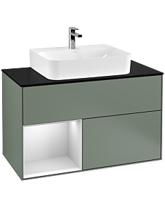 Villeroy und Boch Finion Waschtischunterschrank G112MTGM 100cm, Abdeckplatte black matt, Emotion, Regal links White matt lacquer, Olive Matt Lacquer