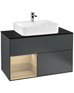 Villeroy und Boch Finion Waschtischunterschrank G112PCHG 100cm, Abdeckplatte black matt, Emotion, Regal links Oak Veneer, Midnight Blue Matt Lacquer